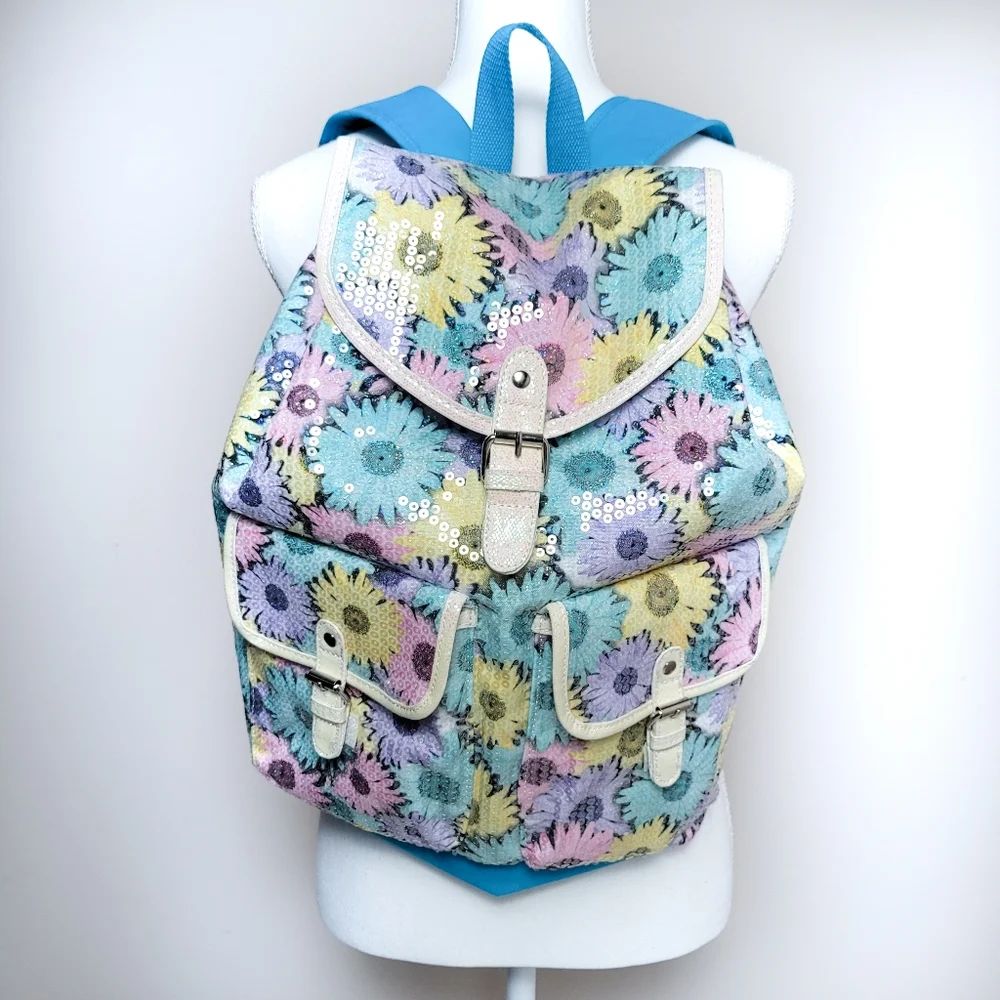 Justice Colorful Daisy Pattern Sequin Backpack -Brand New